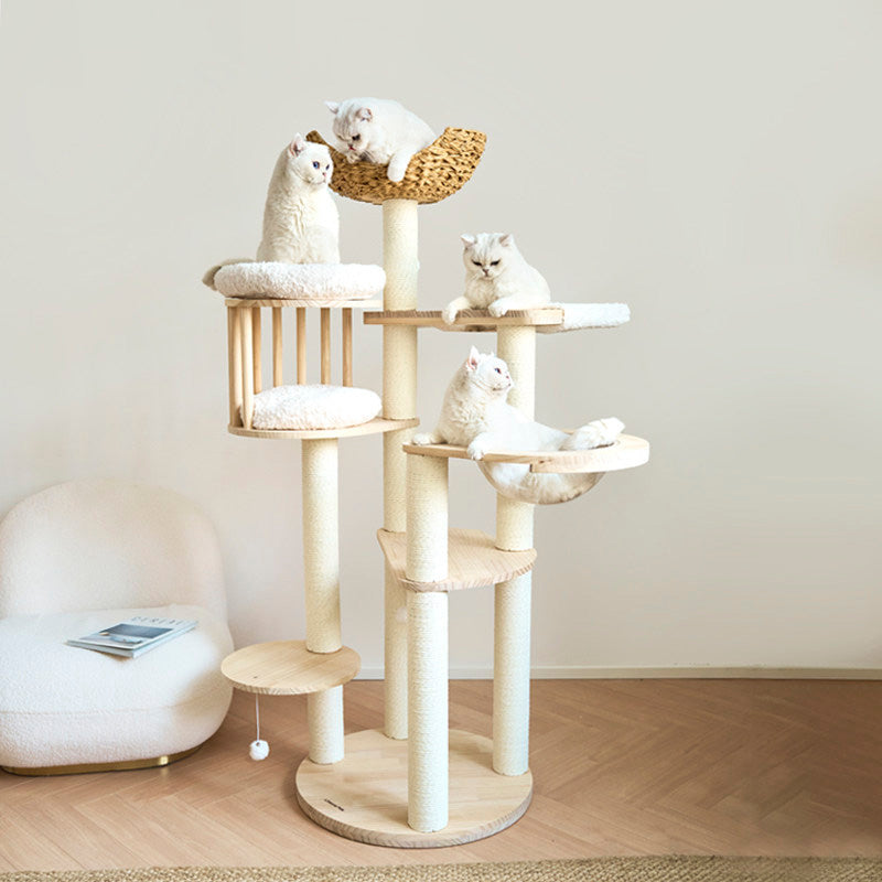 Contemporary Scandinavian Round Cat Tree – 5-Tier, Solid Pine, Faux Rattan, Velvet Fabric & Kraft Paper Rope for Living Room