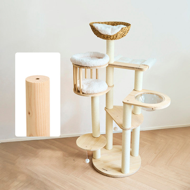 Contemporary Scandinavian Round Cat Tree – 5-Tier, Solid Pine, Faux Rattan, Velvet Fabric & Kraft Paper Rope for Living Room