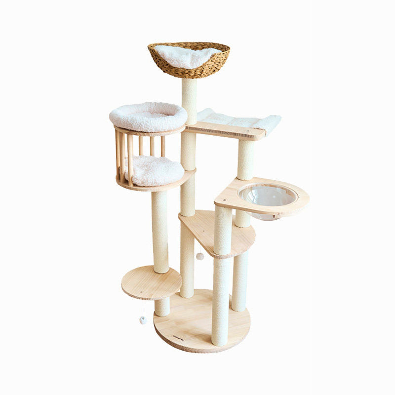 Contemporary Scandinavian Round Cat Tree – 5-Tier, Solid Pine, Faux Rattan, Velvet Fabric & Kraft Paper Rope for Living Room