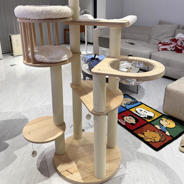 Contemporary Scandinavian Round Cat Tree – 5-Tier, Solid Pine, Faux Rattan, Velvet Fabric & Kraft Paper Rope for Living Room