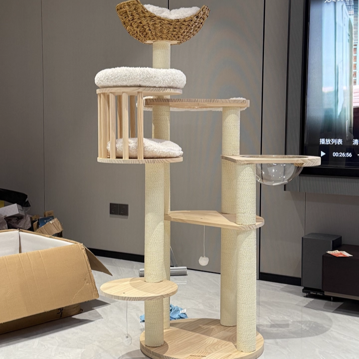 Contemporary Scandinavian Round Cat Tree – 5-Tier, Solid Pine, Faux Rattan, Velvet Fabric & Kraft Paper Rope for Living Room