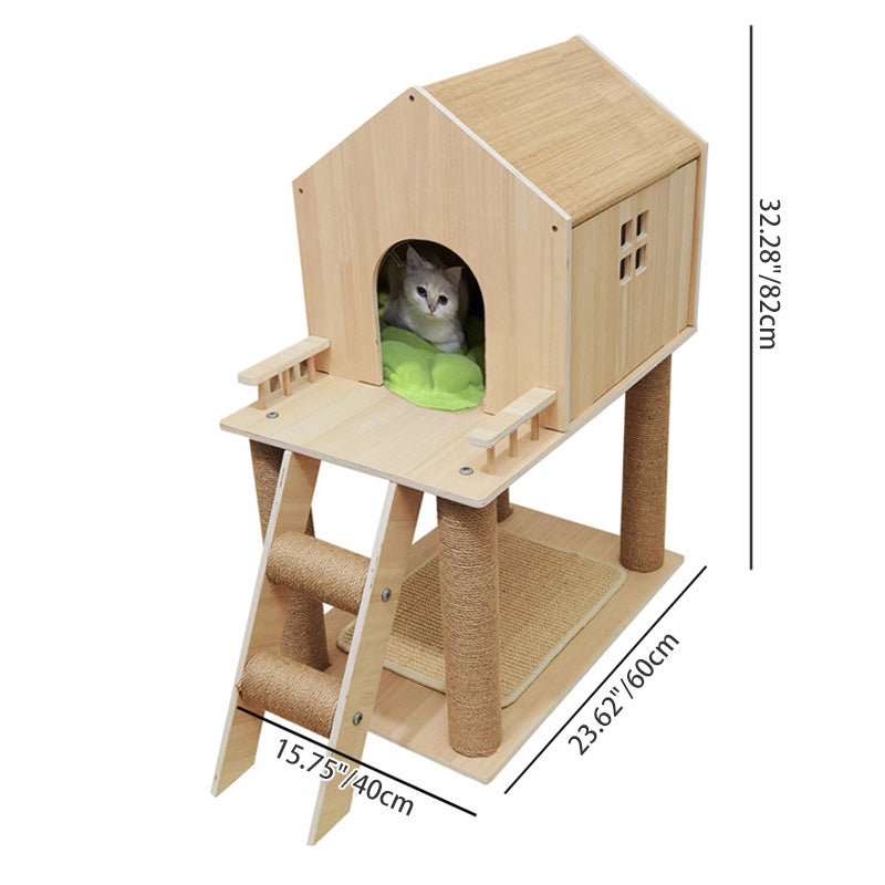 Scandinavian-Style Rectangular Solid-Wood Cat Tree with Hemp Rope, 2-Tier Multi-Layer Design for Living Room