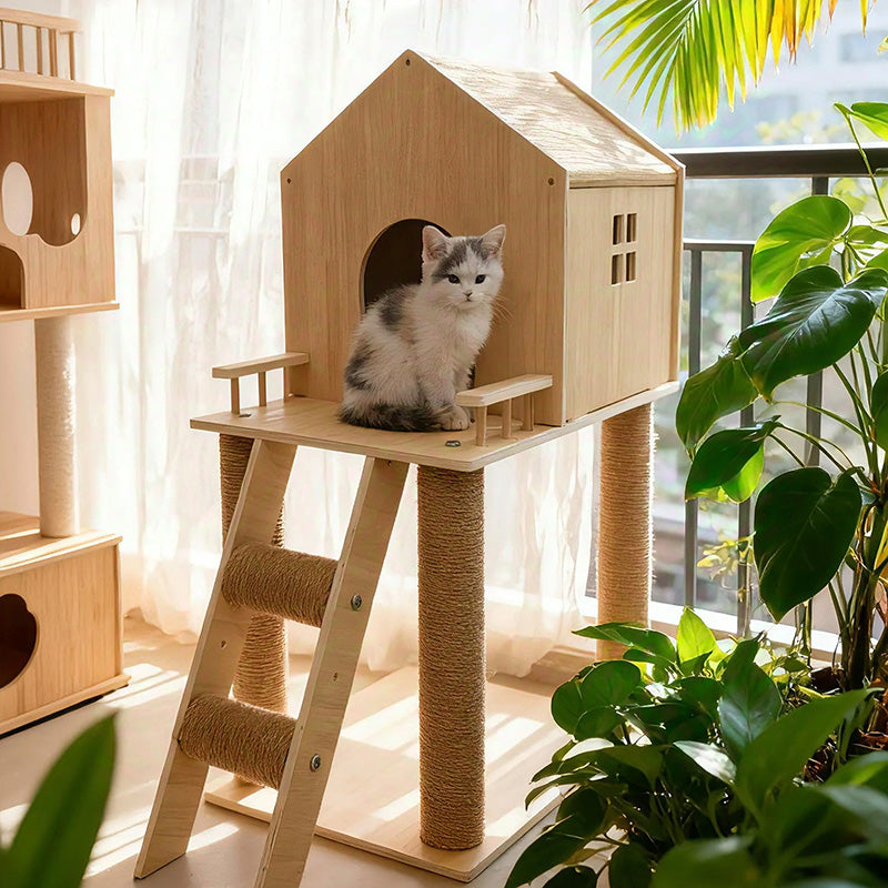 Scandinavian-Style Rectangular Solid-Wood Cat Tree with Hemp Rope, 2-Tier Multi-Layer Design for Living Room