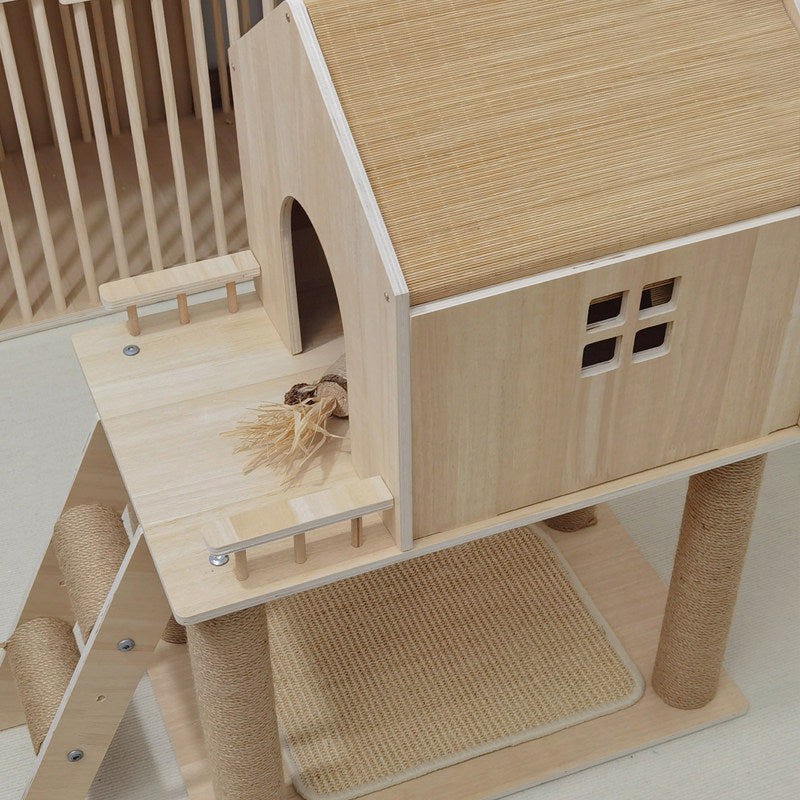 Scandinavian-Style Rectangular Solid-Wood Cat Tree with Hemp Rope, 2-Tier Multi-Layer Design for Living Room