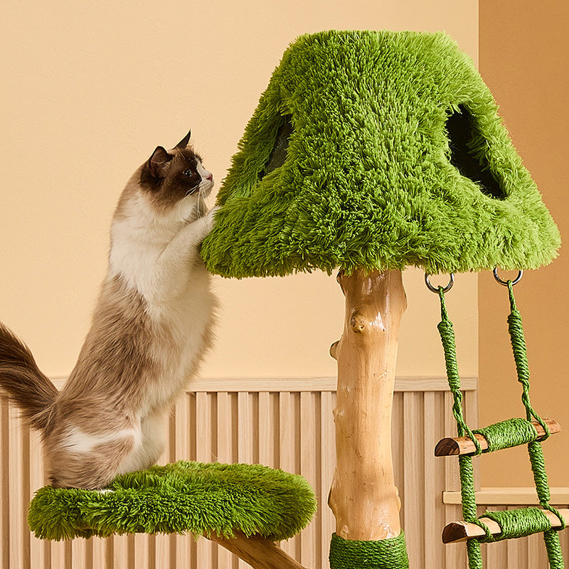 Contemporary Round Cat Tree with Natural Fruitwood Finish, Velvet Fabric & Sisal Posts – 4-Tier Particleboard Cat Tower for Living Room