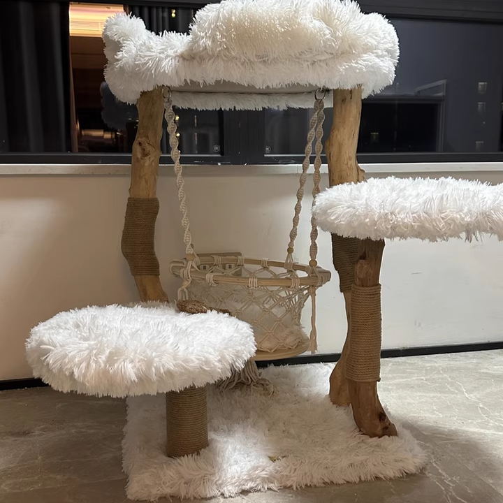 Contemporary Scandinavian 3-Tier Cat Tree – Rectangular Particleboard, Natural Fruitwood Finish, Hemp Rope & Velvet Fabric for Living Room