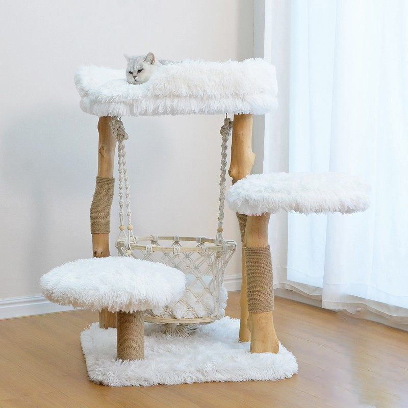 Contemporary Scandinavian 3-Tier Cat Tree – Rectangular Particleboard, Natural Fruitwood Finish, Hemp Rope & Velvet Fabric for Living Room