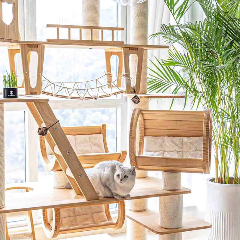 6-Tier Large Cat Tree – Contemporary Scandinavian Rectangular Solid Wood Panel Cat Tower with Velvet Fabric, Paper Rope, and Acrylic Accents for Living Room