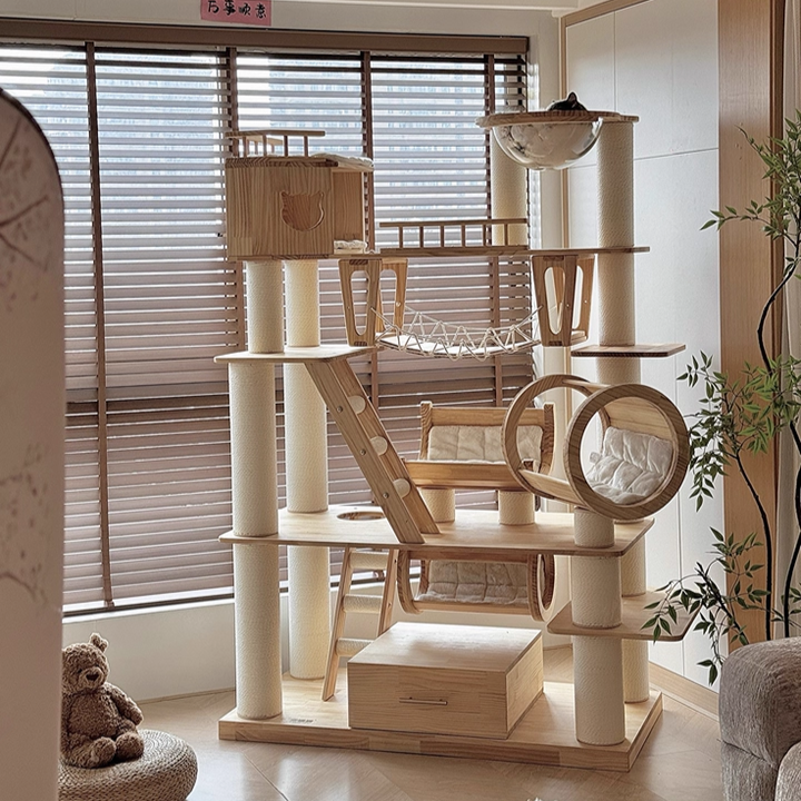 6-Tier Large Cat Tree – Contemporary Scandinavian Rectangular Solid Wood Panel Cat Tower with Velvet Fabric, Paper Rope, and Acrylic Accents for Living Room