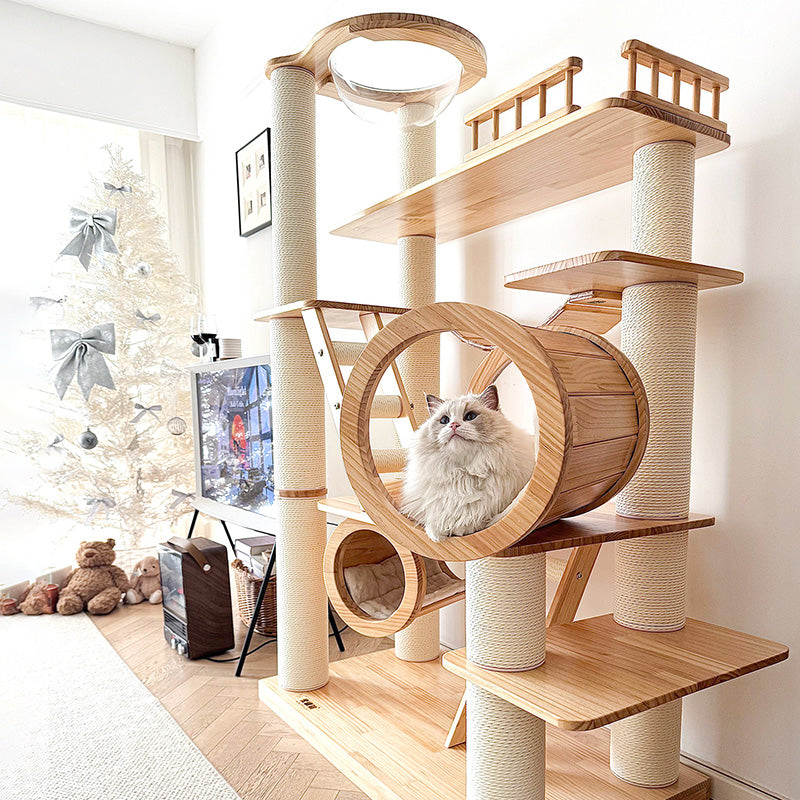 6-Tier Large Cat Tree – Contemporary Scandinavian Rectangular Solid Wood Panel Cat Tower with Velvet Fabric, Paper Rope, and Acrylic Accents for Living Room