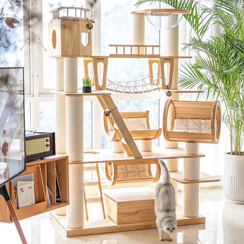 6-Tier Large Cat Tree – Contemporary Scandinavian Rectangular Solid Wood Panel Cat Tower with Velvet Fabric, Paper Rope, and Acrylic Accents for Living Room