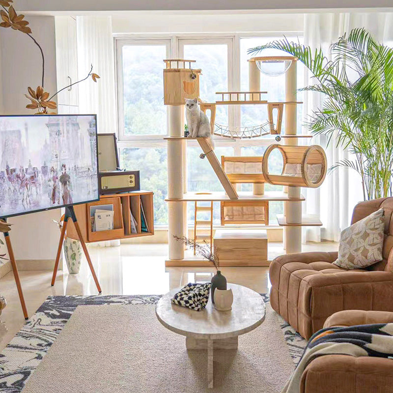 6-Tier Large Cat Tree – Contemporary Scandinavian Rectangular Solid Wood Panel Cat Tower with Velvet Fabric, Paper Rope, and Acrylic Accents for Living Room