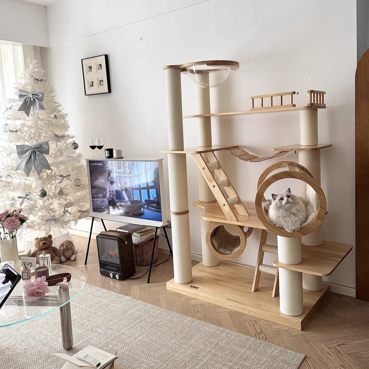 6-Tier Large Cat Tree – Contemporary Scandinavian Rectangular Solid Wood Panel Cat Tower with Velvet Fabric, Paper Rope, and Acrylic Accents for Living Room