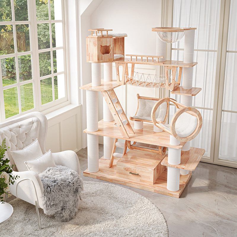 6-Tier Large Cat Tree – Contemporary Scandinavian Rectangular Solid Wood Panel Cat Tower with Velvet Fabric, Paper Rope, and Acrylic Accents for Living Room