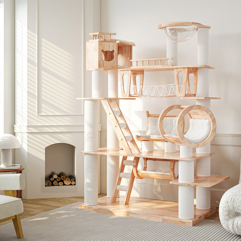6-Tier Large Cat Tree – Contemporary Scandinavian Rectangular Solid Wood Panel Cat Tower with Velvet Fabric, Paper Rope, and Acrylic Accents for Living Room