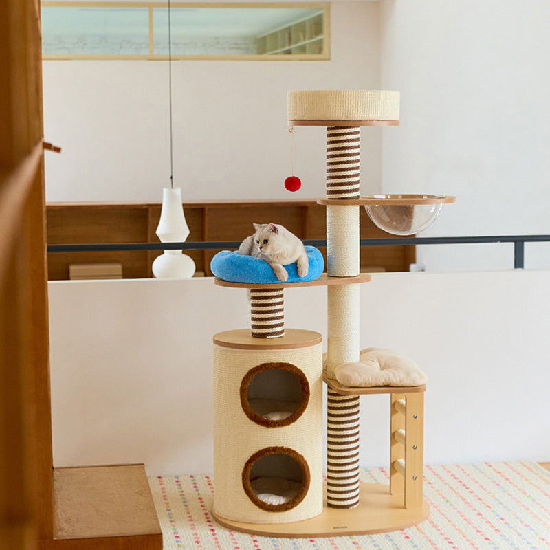 Modern Scandinavian Round Cat Tree, 5-Tier with Velvet Fabric, Particleboard Base, Paper Rope & Paper Tube – Perfect for the Living Room