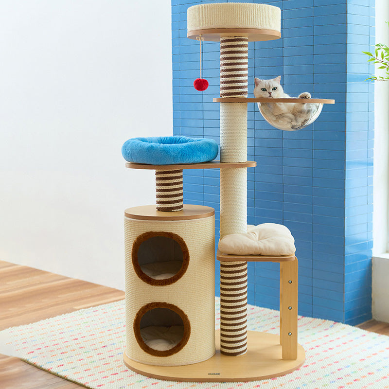 Modern Scandinavian Round Cat Tree, 5-Tier with Velvet Fabric, Particleboard Base, Paper Rope & Paper Tube – Perfect for the Living Room