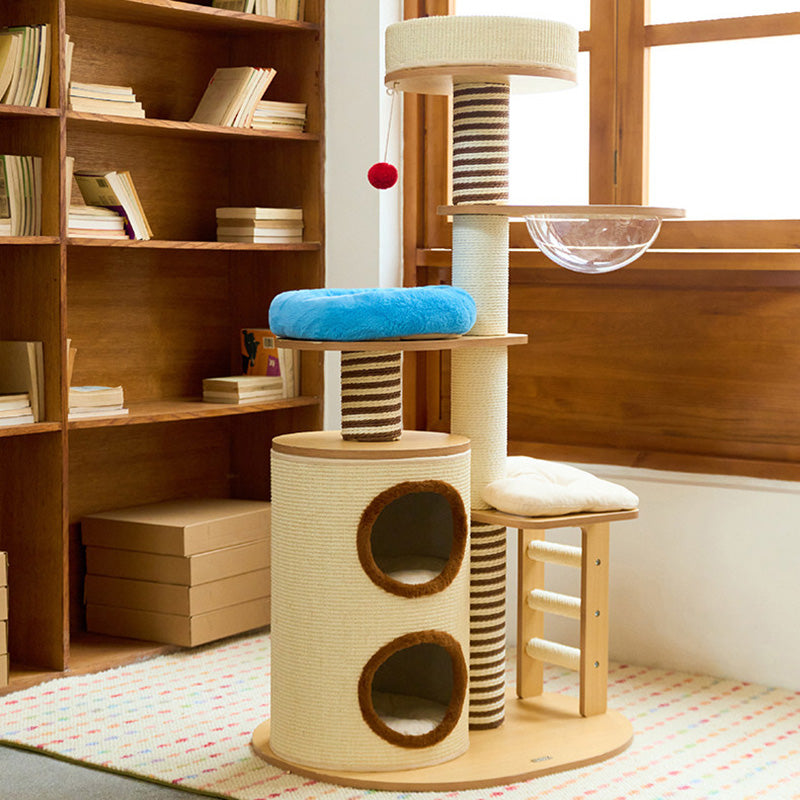 Modern Scandinavian Round Cat Tree, 5-Tier with Velvet Fabric, Particleboard Base, Paper Rope & Paper Tube – Perfect for the Living Room