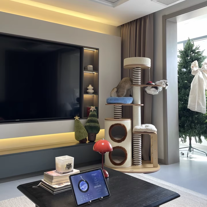 Modern Scandinavian Round Cat Tree, 5-Tier with Velvet Fabric, Particleboard Base, Paper Rope & Paper Tube – Perfect for the Living Room