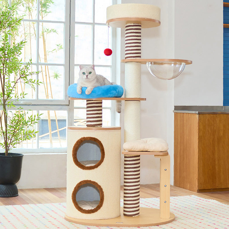 Modern Scandinavian Round Cat Tree, 5-Tier with Velvet Fabric, Particleboard Base, Paper Rope & Paper Tube – Perfect for the Living Room