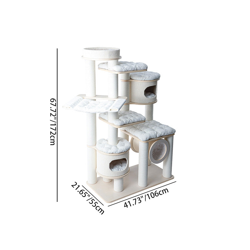 Contemporary Scandinavian 7-Tier Cat Tree with Round Solid Wood Panels, Multi-Layer Construction, Paper Rope Tubes and Corduroy Covers – Stylish Living Room Cat Furniture
