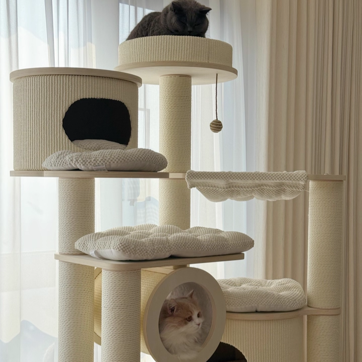 Contemporary Scandinavian 7-Tier Cat Tree with Round Solid Wood Panels, Multi-Layer Construction, Paper Rope Tubes and Corduroy Covers – Stylish Living Room Cat Furniture