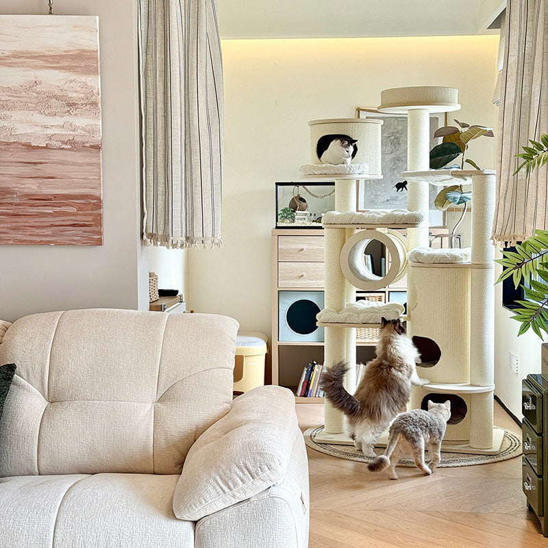 Contemporary Scandinavian 7-Tier Cat Tree with Round Solid Wood Panels, Multi-Layer Construction, Paper Rope Tubes and Corduroy Covers – Stylish Living Room Cat Furniture
