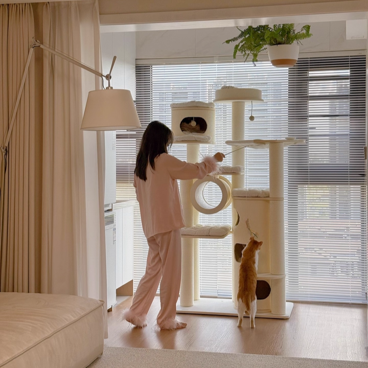 Contemporary Scandinavian 7-Tier Cat Tree with Round Solid Wood Panels, Multi-Layer Construction, Paper Rope Tubes and Corduroy Covers – Stylish Living Room Cat Furniture
