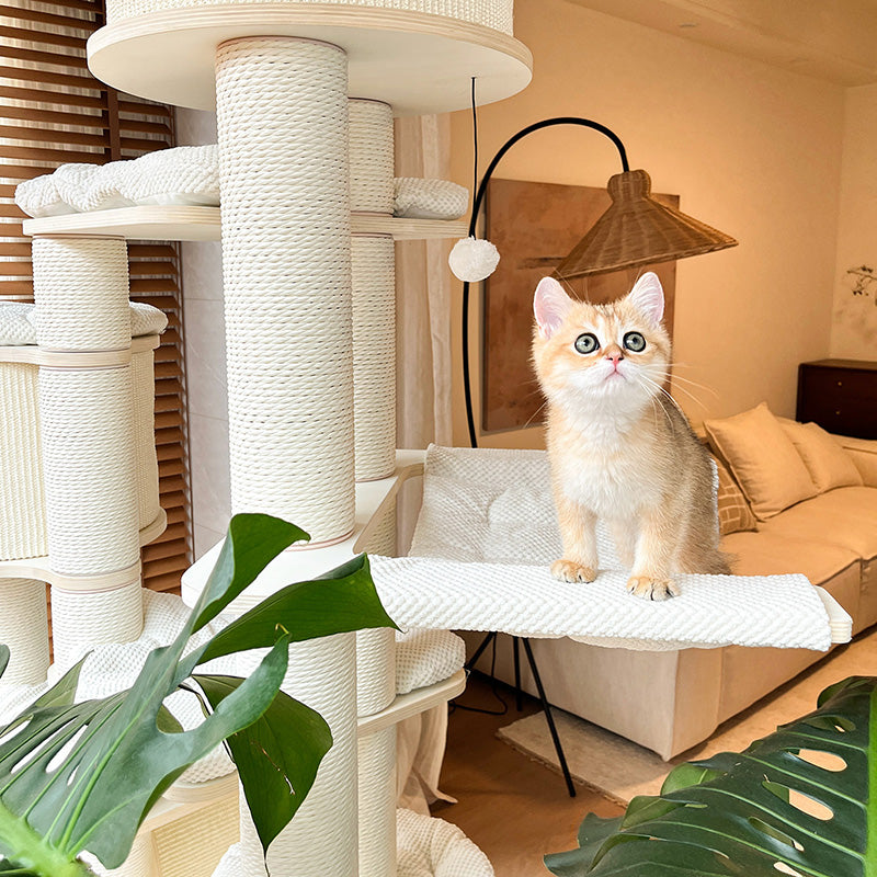 Contemporary Scandinavian 7-Tier Cat Tree with Round Solid Wood Panels, Multi-Layer Construction, Paper Rope Tubes and Corduroy Covers – Stylish Living Room Cat Furniture