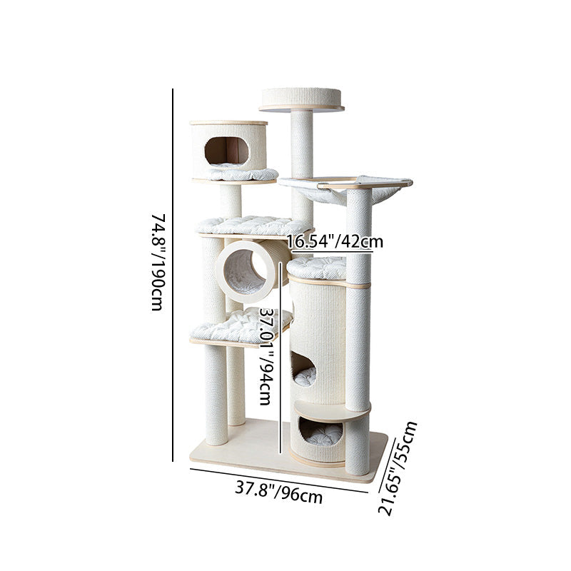 Contemporary Scandinavian 7-Tier Cat Tree with Round Solid Wood Panels, Multi-Layer Construction, Paper Rope Tubes and Corduroy Covers – Stylish Living Room Cat Furniture