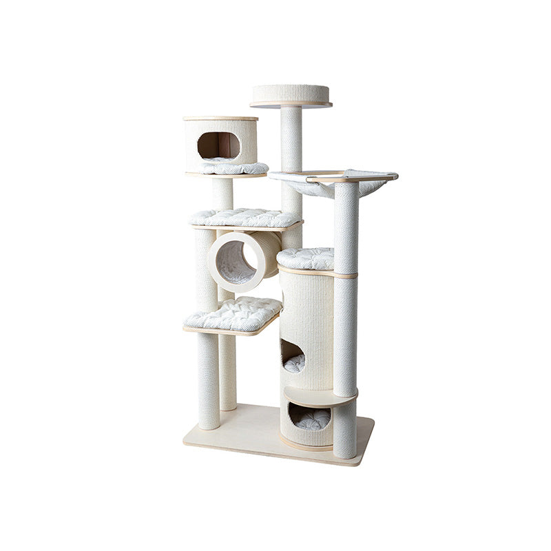Contemporary Scandinavian 7-Tier Cat Tree with Round Solid Wood Panels, Multi-Layer Construction, Paper Rope Tubes and Corduroy Covers – Stylish Living Room Cat Furniture