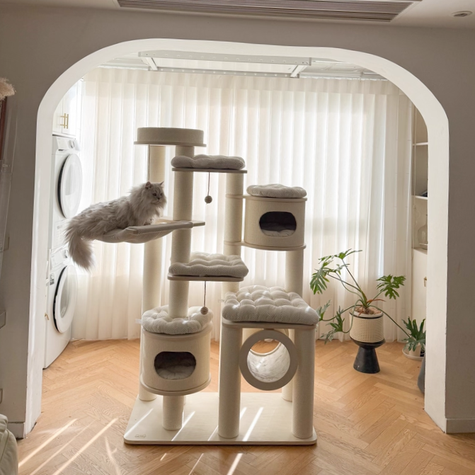 Contemporary Scandinavian 7-Tier Cat Tree with Round Solid Wood Panels, Multi-Layer Construction, Paper Rope Tubes and Corduroy Covers – Stylish Living Room Cat Furniture