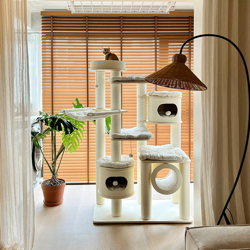 Contemporary Scandinavian 7-Tier Cat Tree with Round Solid Wood Panels, Multi-Layer Construction, Paper Rope Tubes and Corduroy Covers – Stylish Living Room Cat Furniture