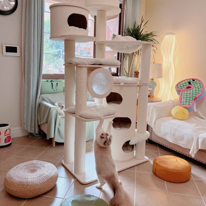 Contemporary Scandinavian 7-Tier Cat Tree with Round Solid Wood Panels, Multi-Layer Construction, Paper Rope Tubes and Corduroy Covers – Stylish Living Room Cat Furniture