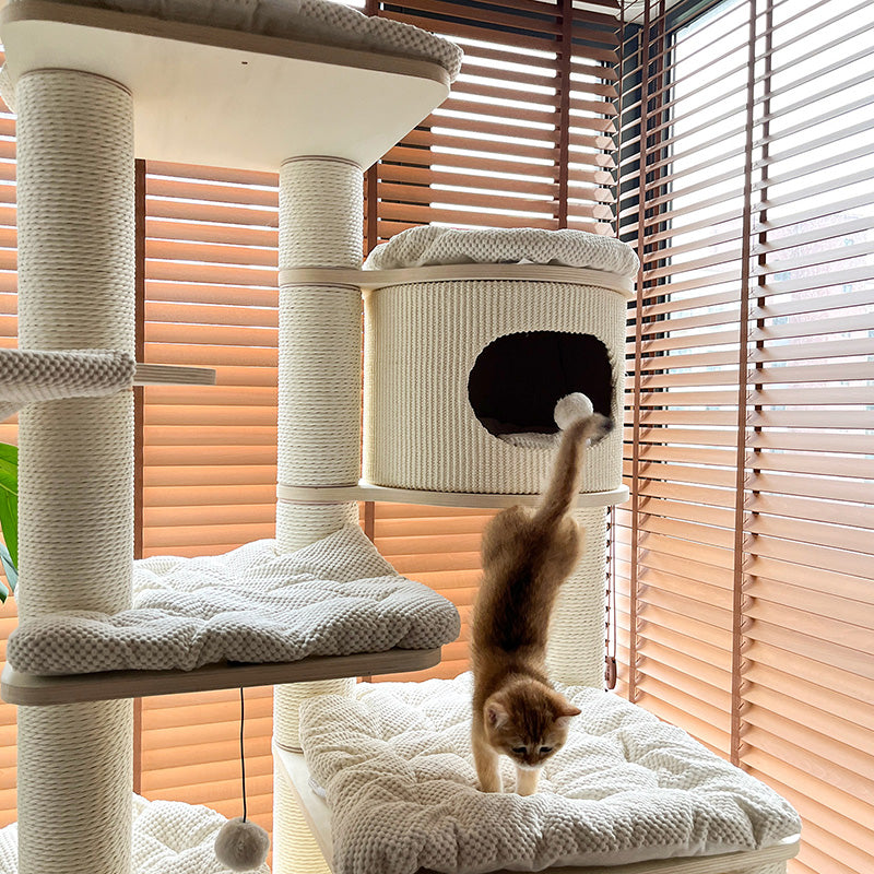 Contemporary Scandinavian 7-Tier Cat Tree with Round Solid Wood Panels, Multi-Layer Construction, Paper Rope Tubes and Corduroy Covers – Stylish Living Room Cat Furniture