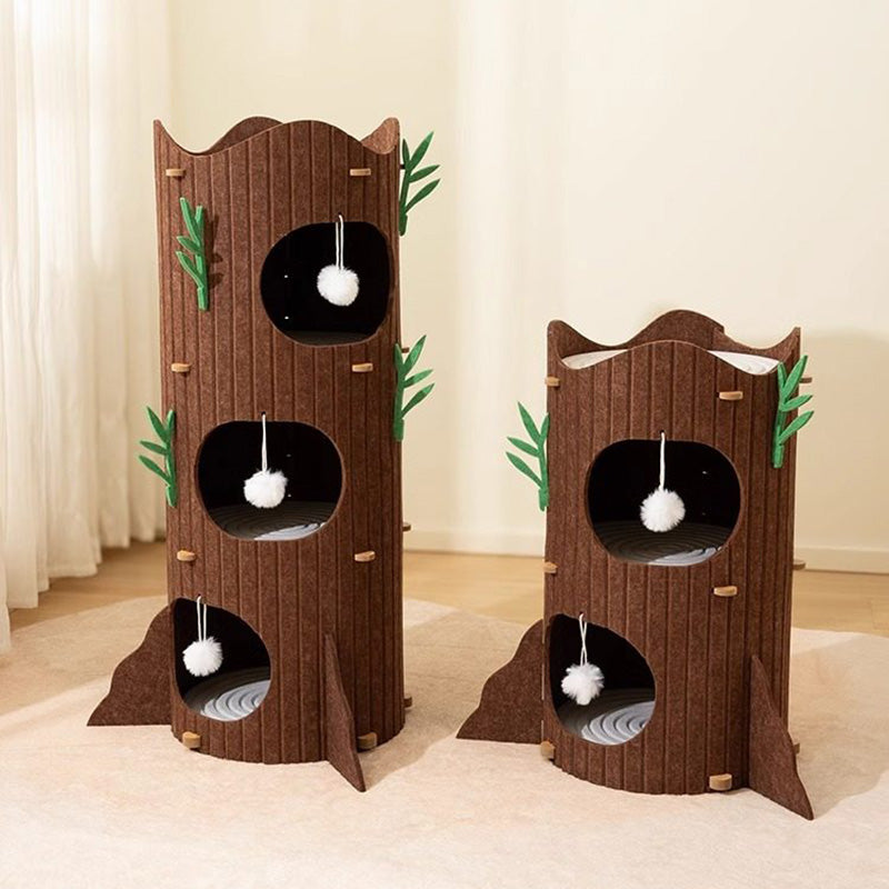 Modern Round MDF Felt Tree Stump Cat Tree, 2/3-Tier for Living Room