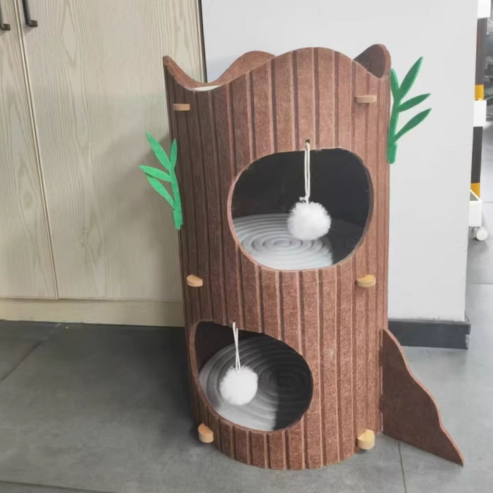 Modern Round MDF Felt Tree Stump Cat Tree, 2/3-Tier for Living Room