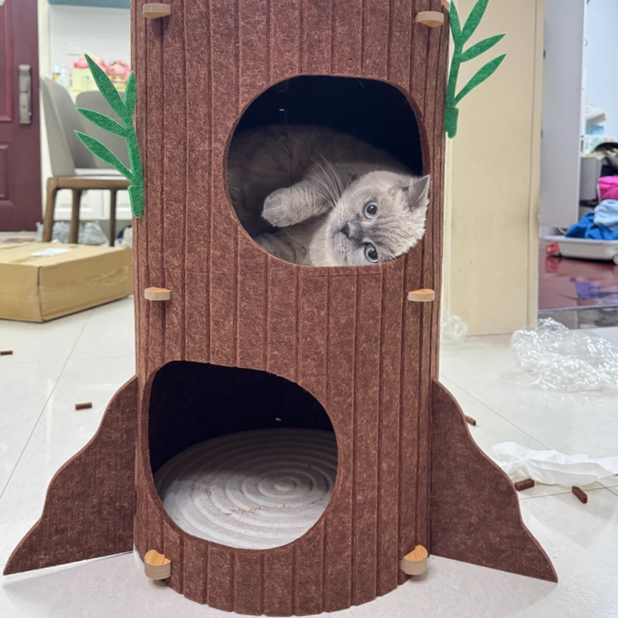 Modern Round MDF Felt Tree Stump Cat Tree, 2/3-Tier for Living Room