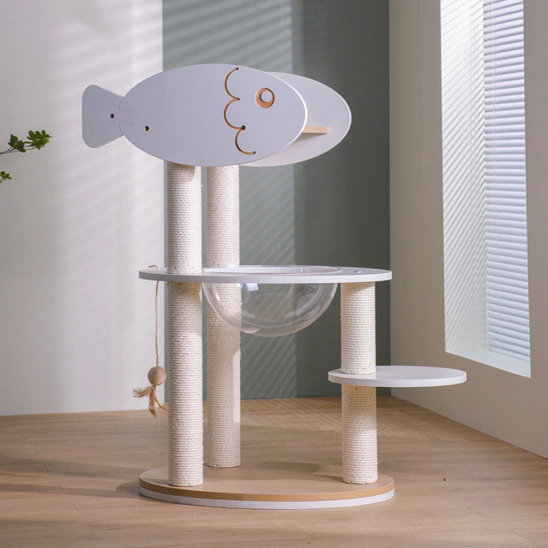 Modern Scandinavian Round Cat Tree – 3-Tier Solid Wood Panel Construction with Rope, PVC & Acrylic Accents for Living Room