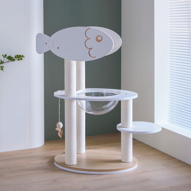 Modern Scandinavian Round Cat Tree – 3-Tier Solid Wood Panel Construction with Rope, PVC & Acrylic Accents for Living Room