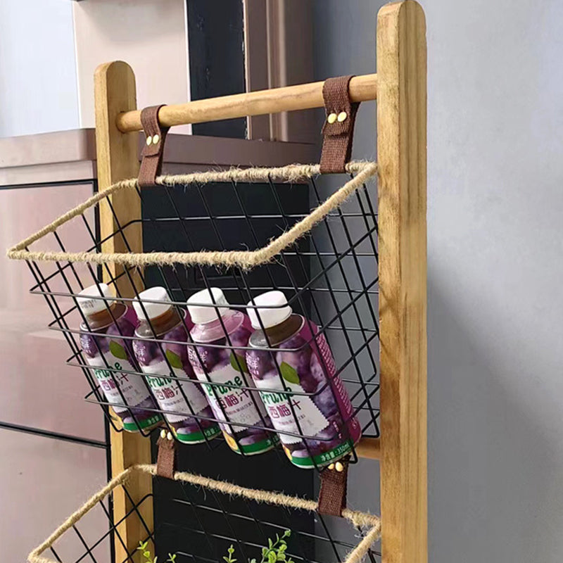 Modern Minimalist Rectangular Solid Wood Display Rack with Iron Rope Accents and 3 Baskets for Living Room