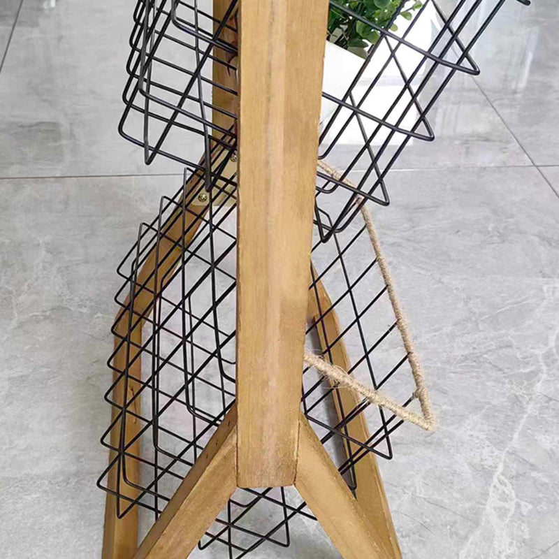 Modern Minimalist Rectangular Solid Wood Display Rack with Iron Rope Accents and 3 Baskets for Living Room