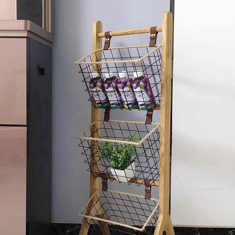 Modern Minimalist Rectangular Solid Wood Display Rack with Iron Rope Accents and 3 Baskets for Living Room