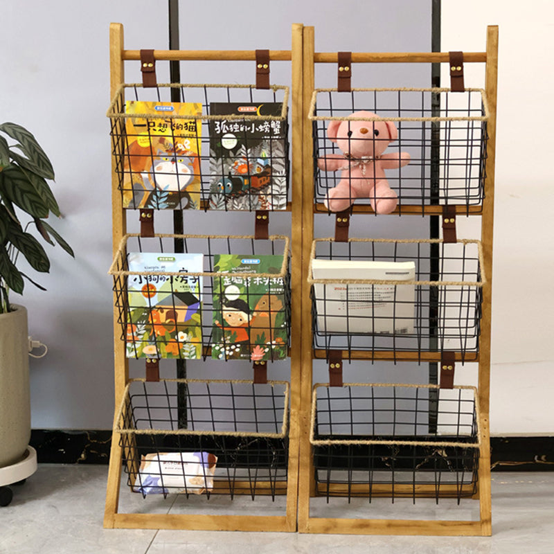 Modern Minimalist Rectangular Solid Wood Display Rack with Iron Rope Accents and 3 Baskets for Living Room