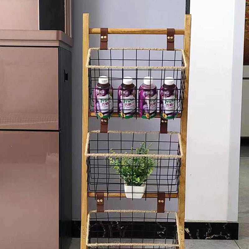 Modern Minimalist Rectangular Solid Wood Display Rack with Iron Rope Accents and 3 Baskets for Living Room
