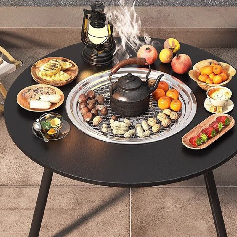 Modern Minimalist Round Outdoor Dining Table with Iron Frame, Wooden Top and Stainless Steel Accents, 3-Leg Foldable for Garden