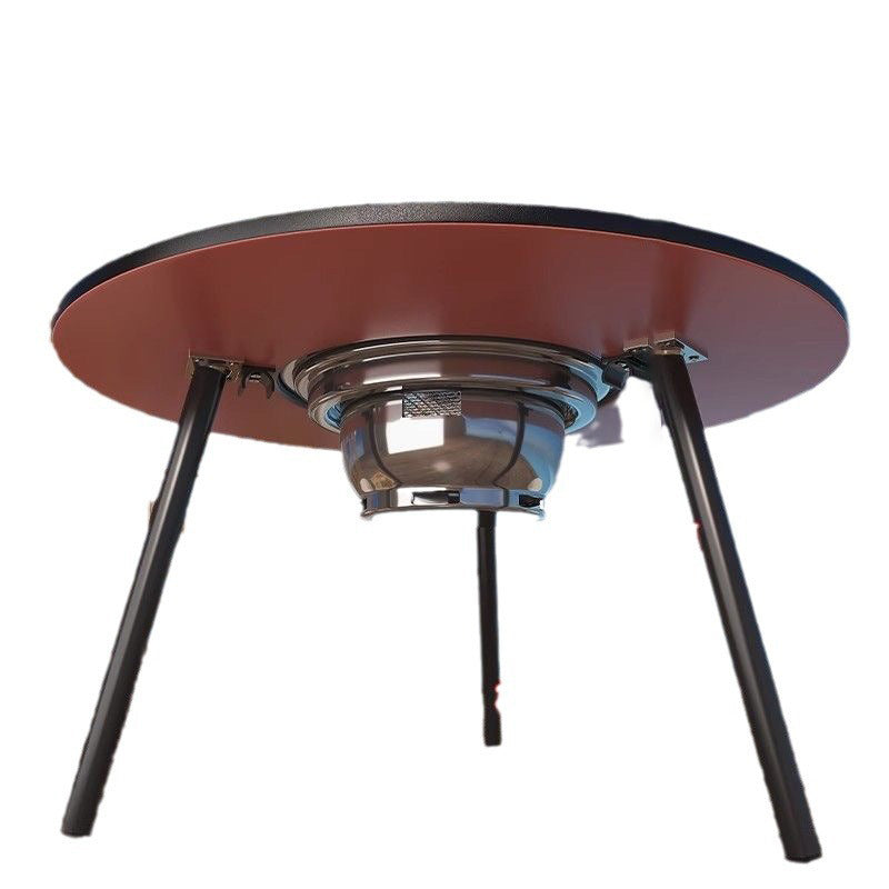 Modern Minimalist Round Outdoor Dining Table with Iron Frame, Wooden Top and Stainless Steel Accents, 3-Leg Foldable for Garden