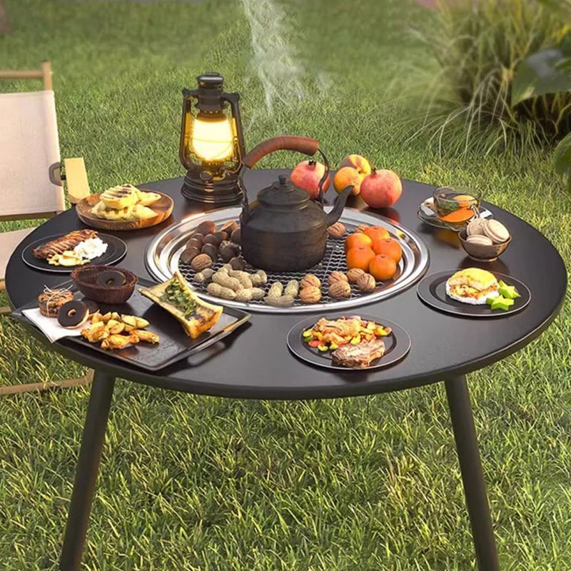 Modern Minimalist Round Outdoor Dining Table with Iron Frame, Wooden Top and Stainless Steel Accents, 3-Leg Foldable for Garden