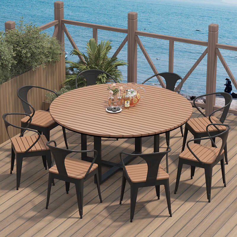 Modern Minimalist Round Outdoor Dining Table - Iron and Composite Wood, 4-Leg Garden Table