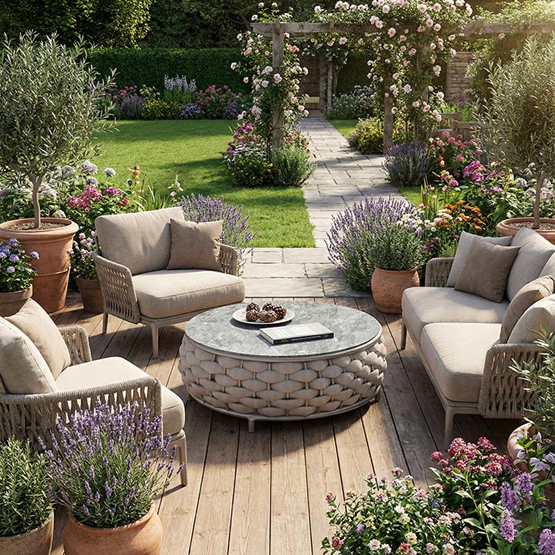 Modern Minimalist Round Aluminum Alloy Outdoor Coffee Table with PE Rattan Fabric and Stone Slab for Garden